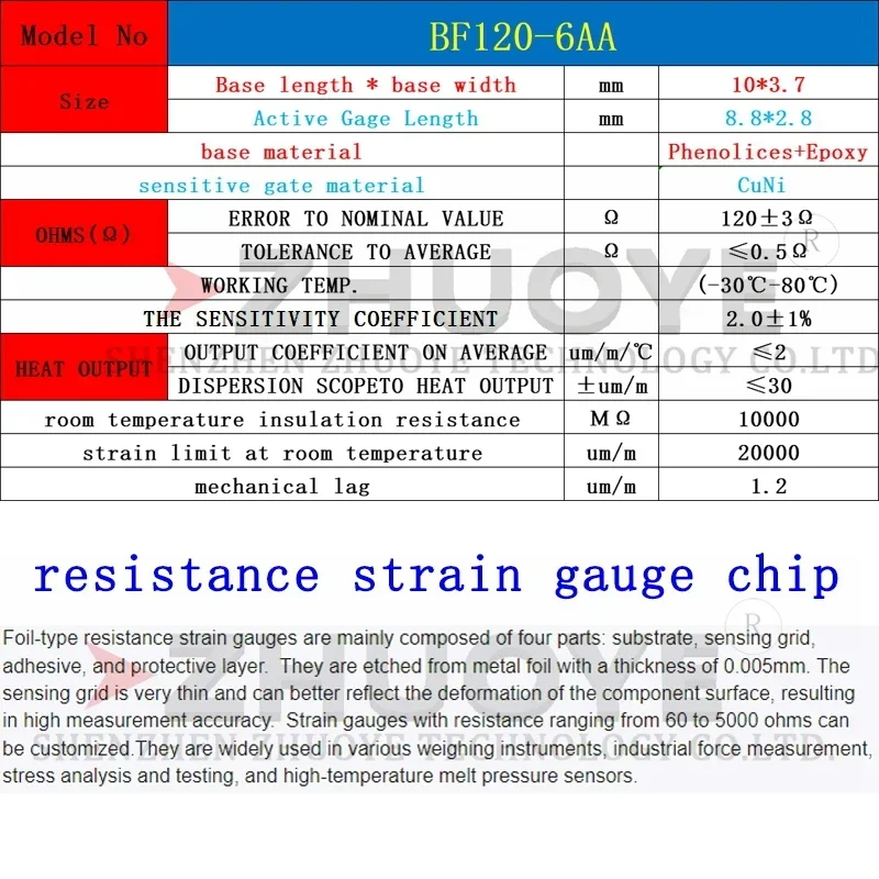 10pcs STRAIN GAUGES BFBHF120-6AA  Weighing Sensor Strain Gauge Resistance High-precision Resistance 120Ω Weighing Pressure