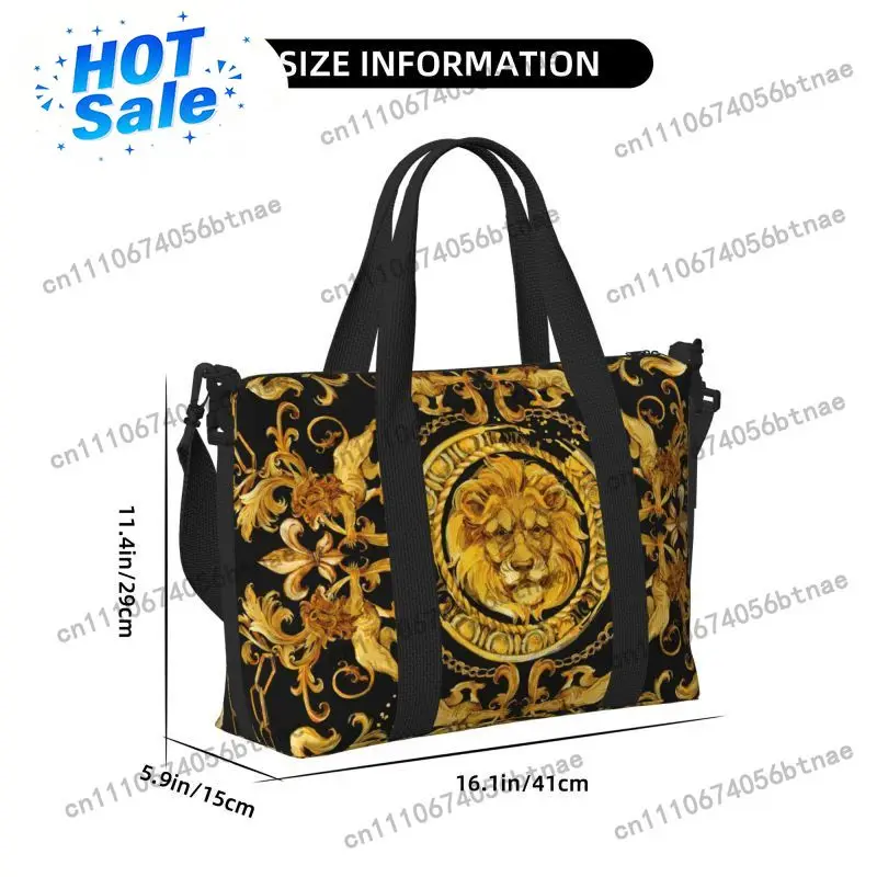 Golden Lion Baroque Pattern Travel Duffel Bag Personalized Weekender Overnight Bags with Shoulder Strap Unisex Sports Gym Bag