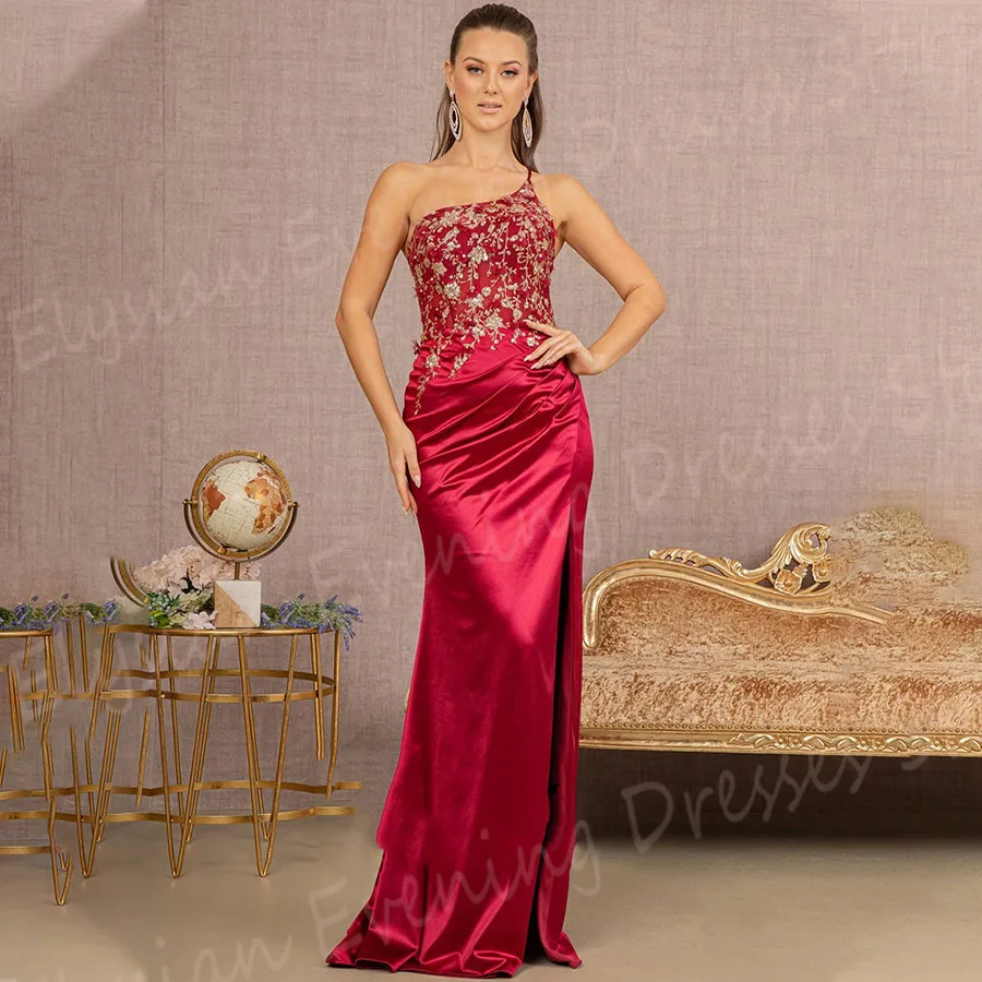 

Elegant Red Women's Mermaid Generous Evening Dresses Modern One Shoulder Prom Gowns Pretty Appliques Sleeveless Vestido De Noche