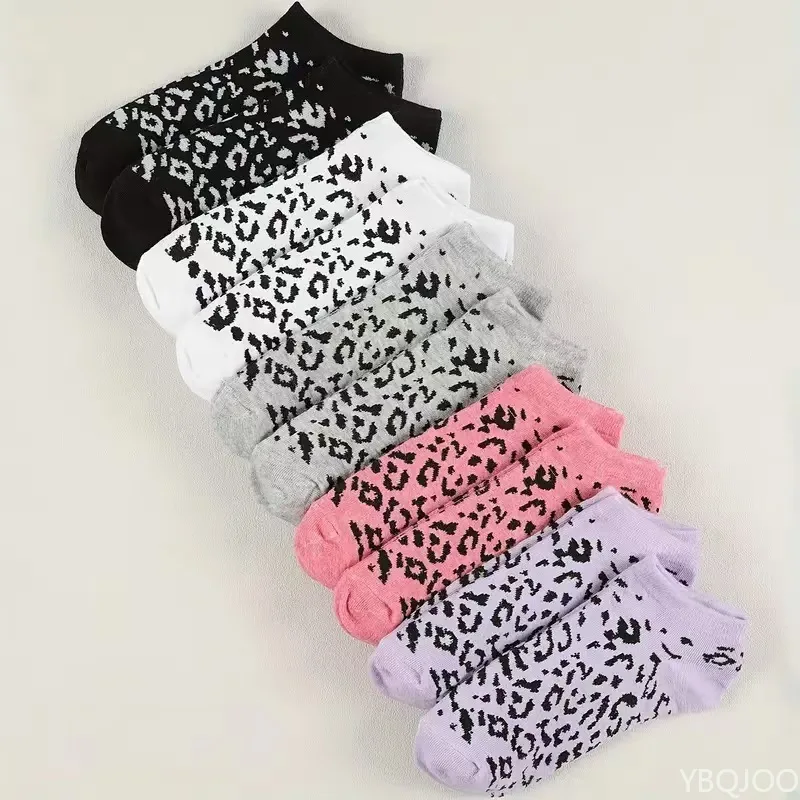 5 Paar rutschfeste Bootssocken für Damen mit Leopardenmuster, modische kurze Röhrensocken, flacher Mund, lässige, bequeme Damensocken