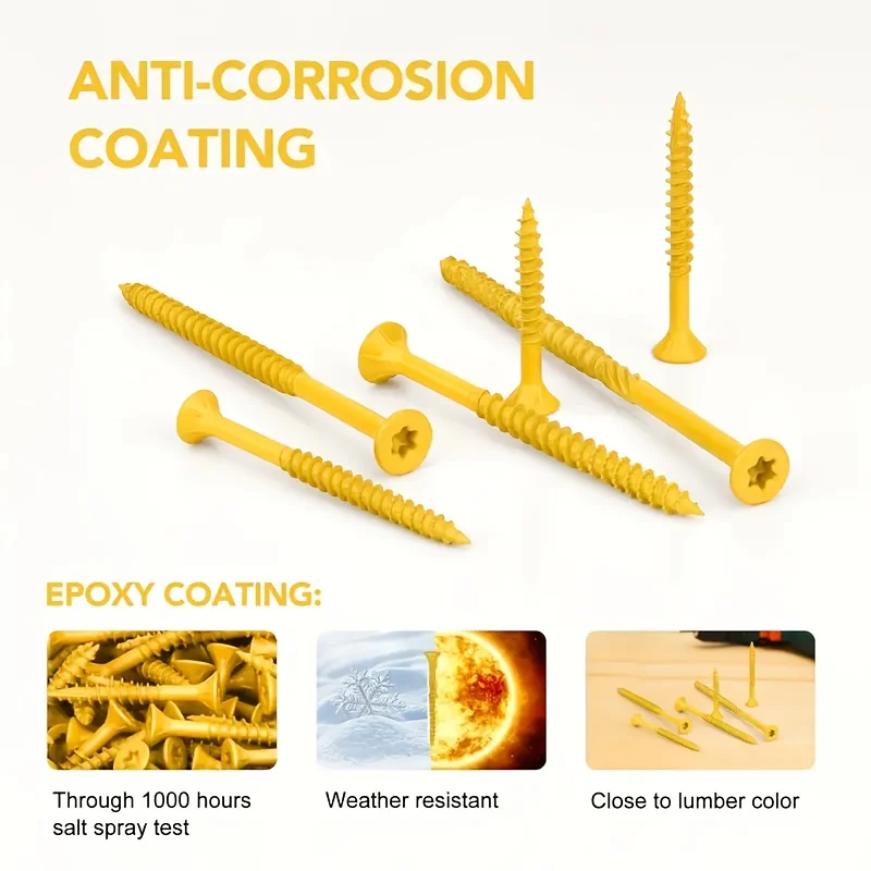 500Pcs Deck Wood Screws Assortment Kit, #8 #10 Yellow Torx Star Drive Tan Epoxy Coated Self Tapping Screws, Anti-Corrosion for Outdoor Deck Fencing Wood Projects