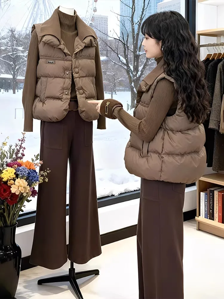 

2026 Autumn Winter Thickened Outerwear Women's Jacket Vest Coffee Color down Cotton Padded Vest Backless Collar Pure Color