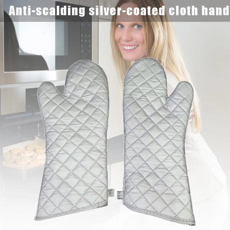 1 par luvas de forno de cozinha luvas de microondas alta resistência ao calor luvas de forno longo anti-escaldante prata pano luvas