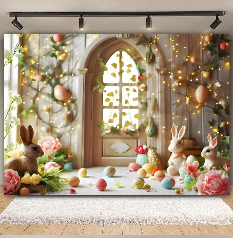 Happy Easter Backdrop for Photography 2025 Brick Wall Wood Board Spring Flower Rabbit Eggs Bunny Kids Birthday Photo Background