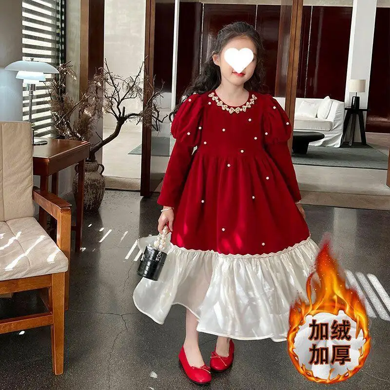

Kawaii Girl Fashion Keep Warm Long Sleeves Dress Student Winter Cartoon Casual Thicken Princess Dress Tops Children's Clothing
