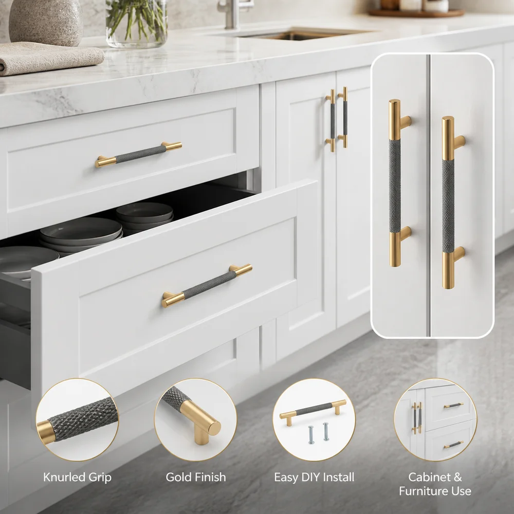 Stylish Gold Color Furniture Handle Long Pull Aluminum Alloy Cabinet Handles DIY Friendly Knurled Door Pull Wardrobe Doors