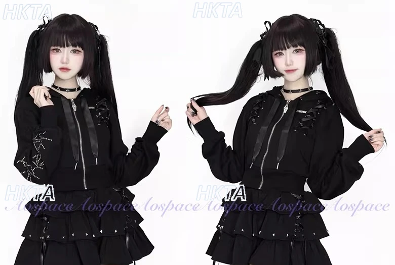 

Original Subculture Lace-Up Sports Sweatshirt Jacket Y2k Top Short Skirt Set Dark Gothic Casual Hoodie Pleated Skirt 2-Piece Set