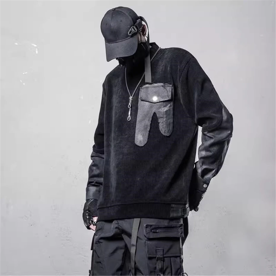 

Tactical Patchwork Sweatshirts Men Streetwear Hip Hop Punk Pullover Oversized Function Pocket Design Sweatshirt Male Techwear