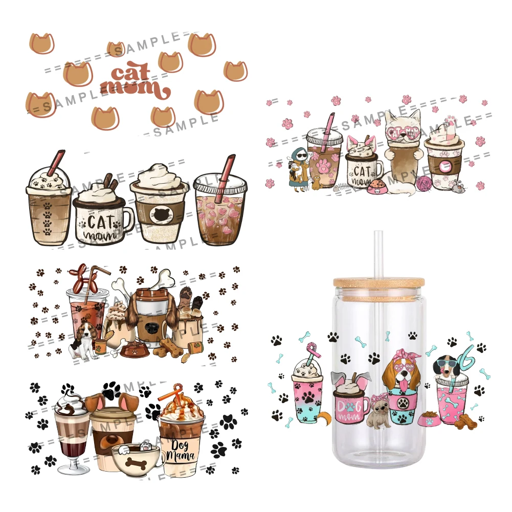 Cartoon Paw Animals Cat Dogs Pattern UV DTF Transfer Sticker Waterproof Transfers Decals For 16oz Glass Cup Wrap Stickers