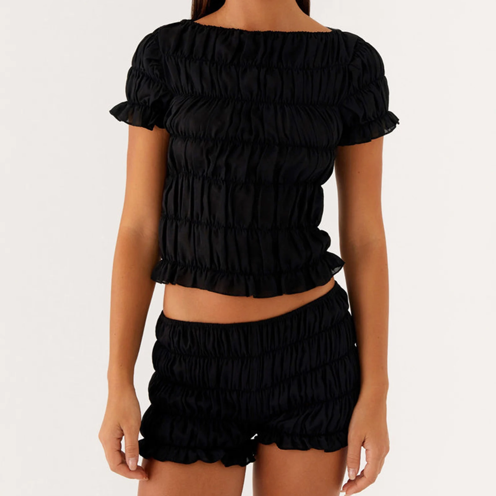 Conjuntos de camiseta y pantalones cortos fruncidos con cuello barco de manga corta de verano para mujer, trajes de salón de 2 piezas para uso diario informal