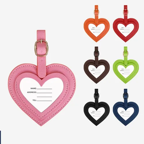 Etiqueta de equipaje Simple de cuero Pu para mujeres y hombres, etiquetas de tarjeta colgantes antipérdida coloridas en forma de corazón de PU