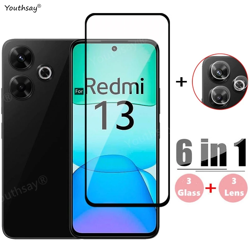 

6in1 Glass For Redmi 13 Full Cover Tempered Glass Xiaomi Redmi 13 Screen Protector HD Protective Phone Lens Film For Redmi 13