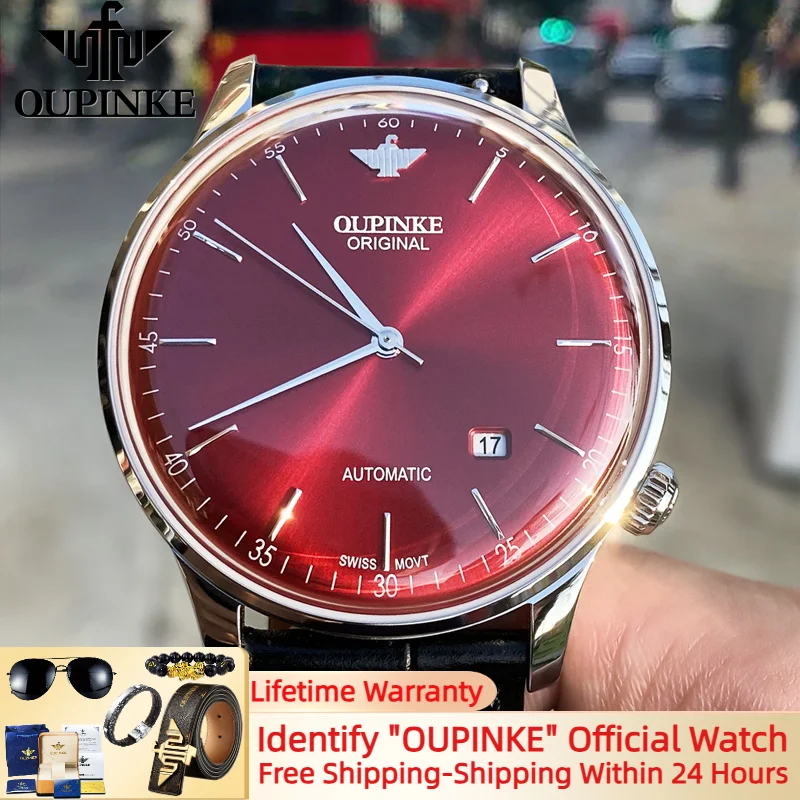 

OUPINKE Automatic Mechanical Men's Watch Top Luxury Wristwatches Swiss 7mm Ultra-thin Dial Man Hand Clock Red New Watch
