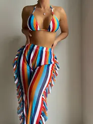 3 Pieces Striped Triangle Bikini Set Swimsuit & Ruffle Pants Swimwear Women 2024 Bathing Suit Female Swimming Summer Beachwear