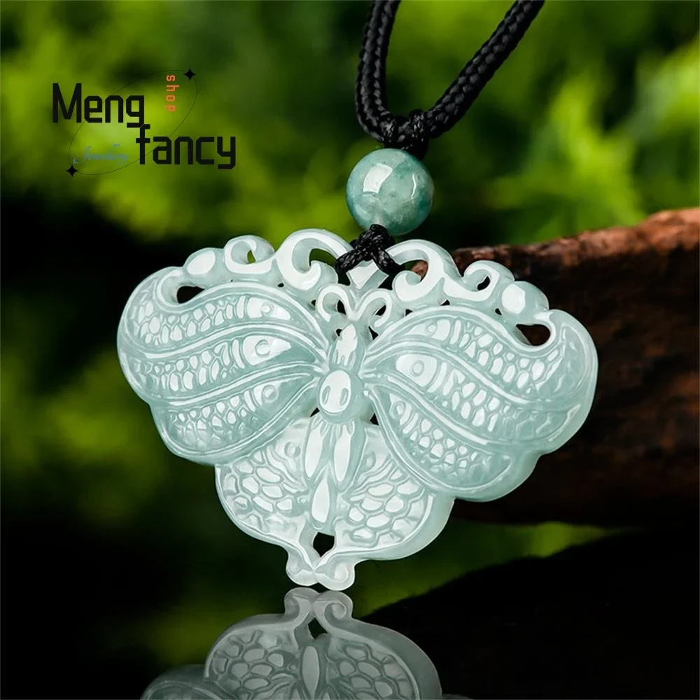 Natural A-goods Jadeite Glutinous Blue Water Butterfly Double-Sided Carving Pendant Exquisite Elegant Fashion Jewelry Handicraft