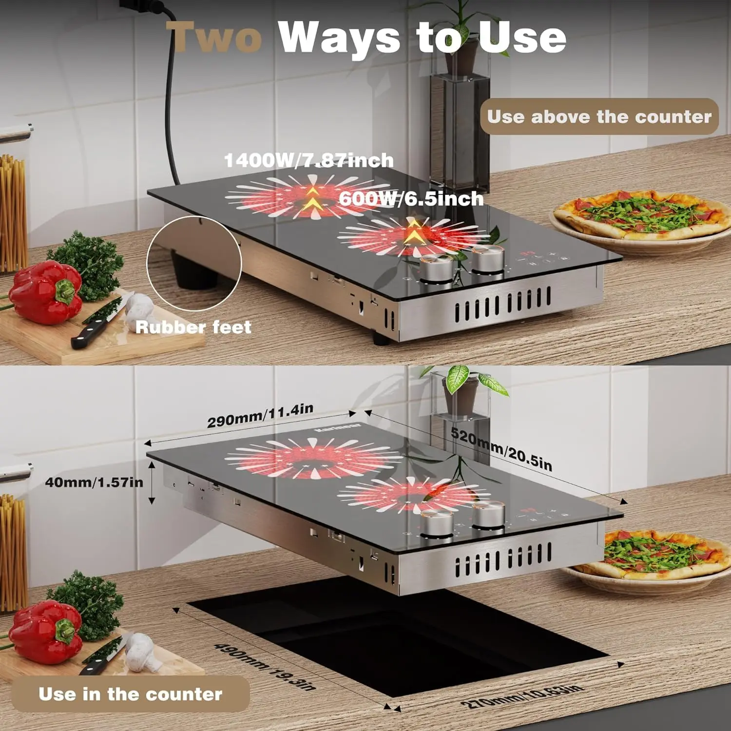 เตาไฟฟ้า Karinear 110V แบบ 2 หัวเตา ขนาด 12 นิ้ว พร้อมปลั๊ก, เตาเซรามิกแบบตั้งโต๊ะและแบบฝัง