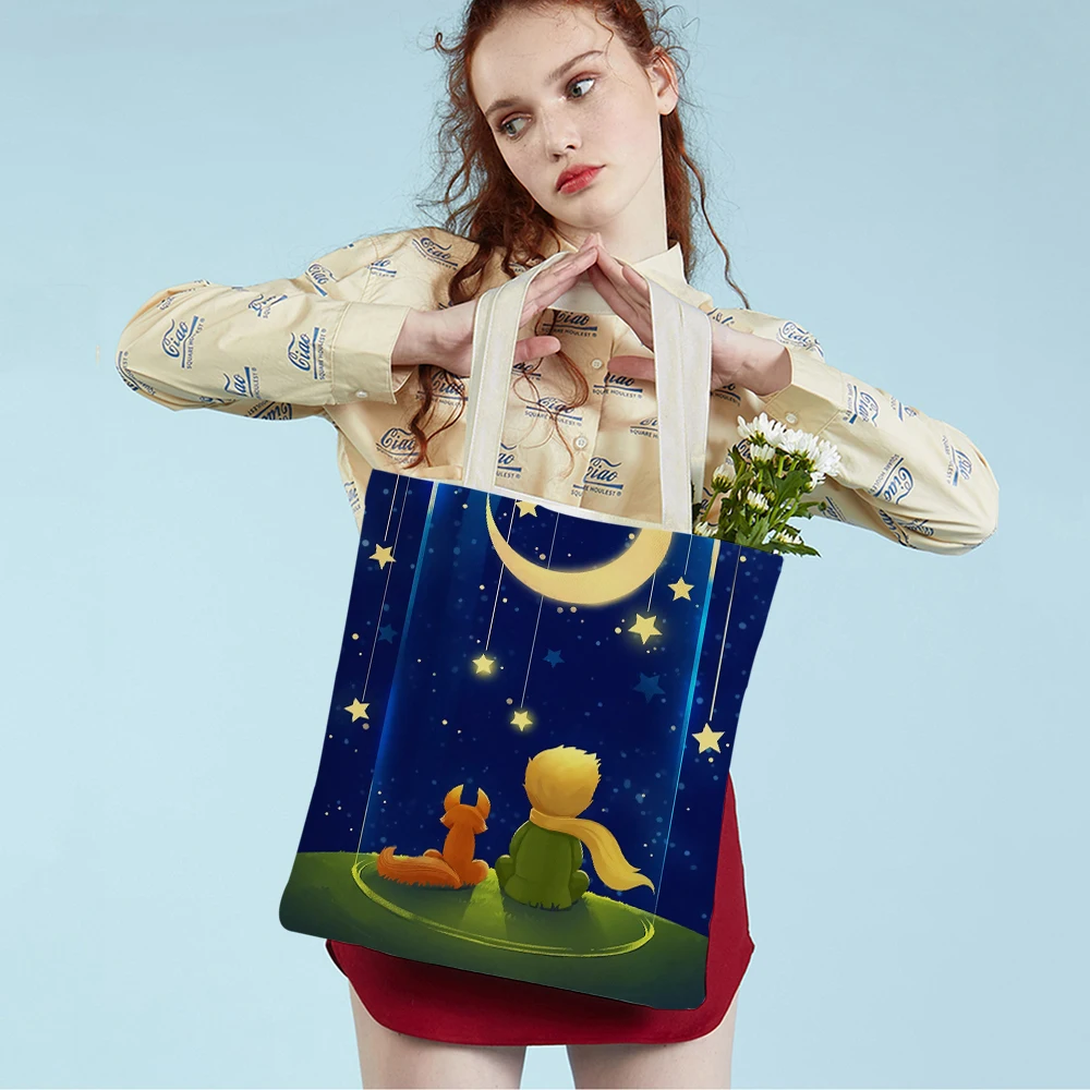 Little Prince Women Shopping Bag Double Print Fashion Classic Cartoon Anime Canvas Lady Travel Tote for Children Boys Girl
