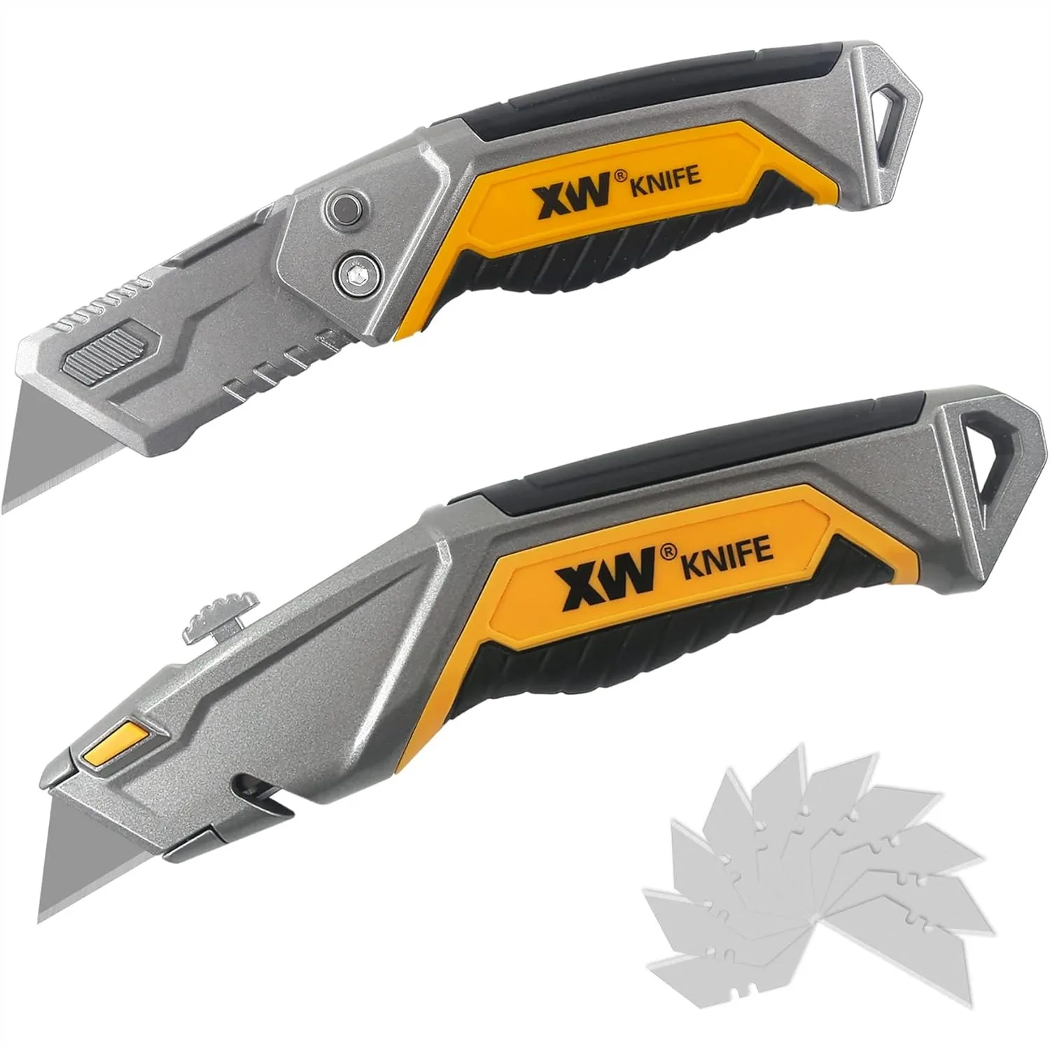 

XW Utility Knife Set Heavy Duty Zinc Alloy Retractable Box Cutter And Folding Utility Knife With Blade Storage Design Total 18 Pcs Blades Included 2-Pack