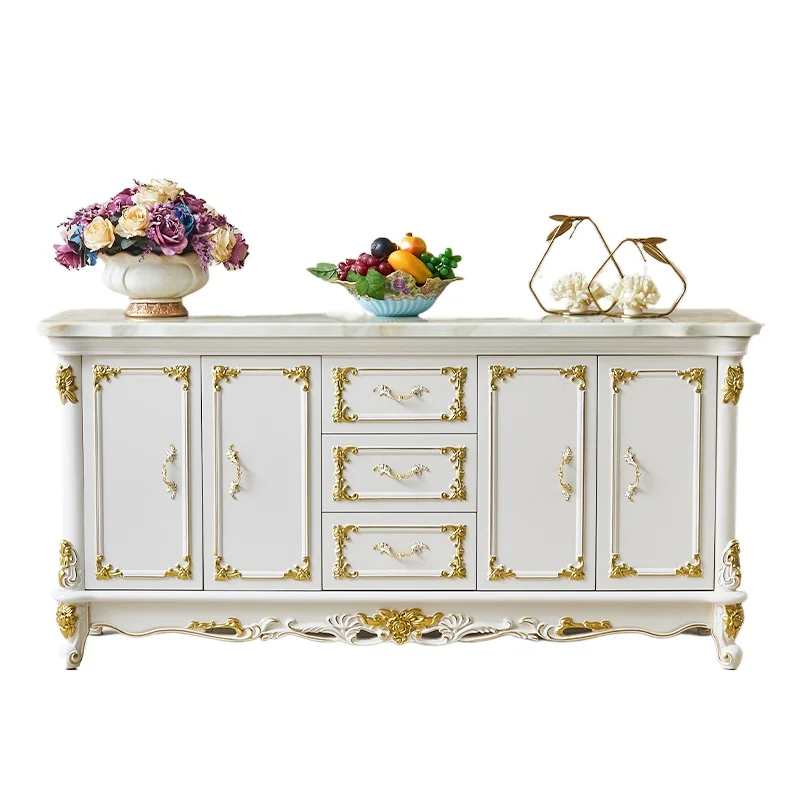 

L European style dining side cabinet marble countertop bedroom solid wood carving flower locker living room entrance cabinet
