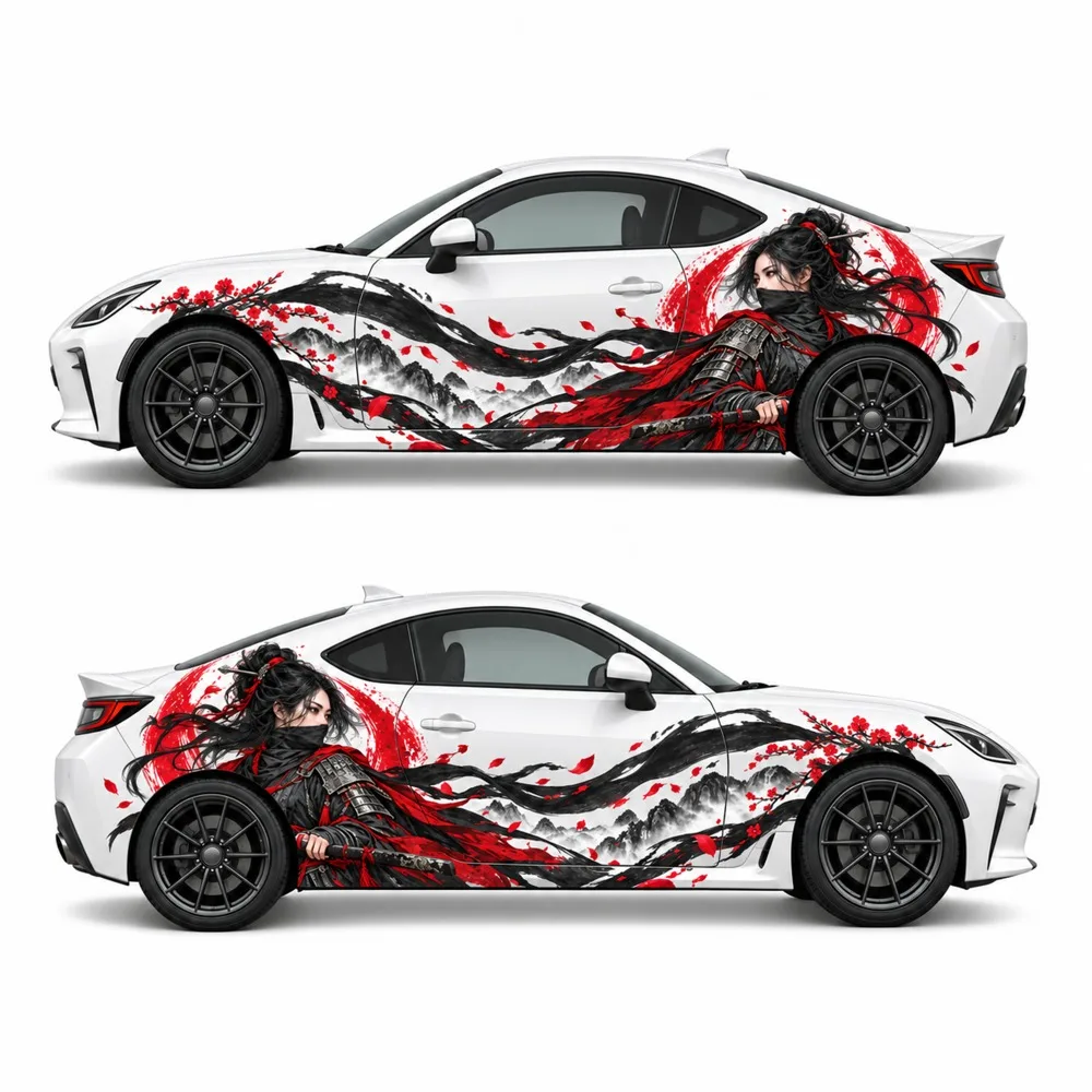 2 PCS Crimson Moon Swordswoman Car Side Decals, Die-Cut Samurai Vinyl Sticker Set