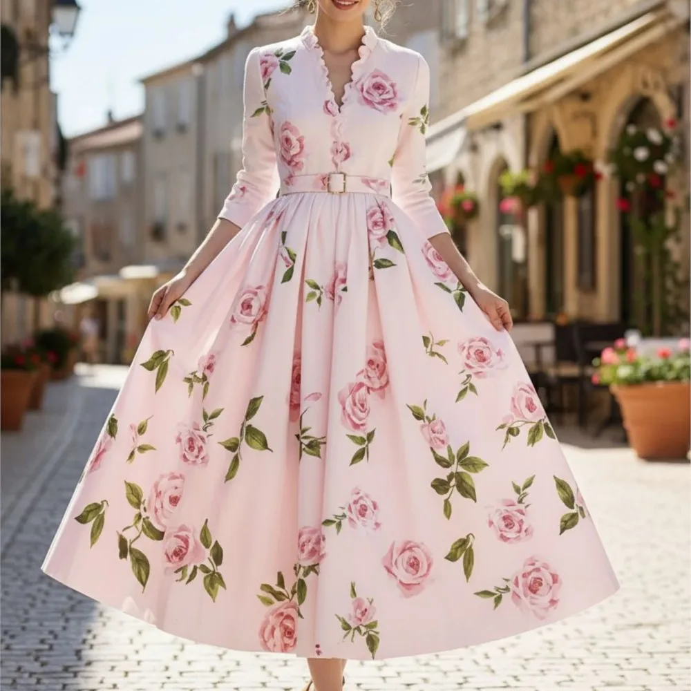 

Elegant Long Dress Romantic Casual Printed Temperament High Waist Fashionable Long-sleeved Pleated Dress V-neck A-line Dresses