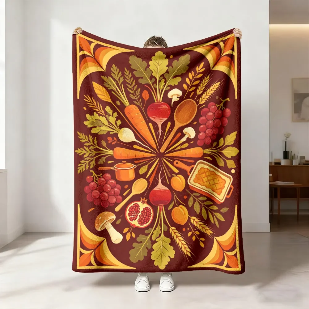Autumn Harvest Fall Thanksgiving Kitchen Decor Throw Blanket Pumpkin Apple Berry Fall Food Print Cozy Throw