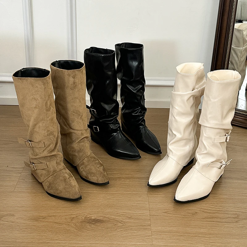 2026 Winter Women's Pointed Toe Knee High Boots Leather Shafts…
