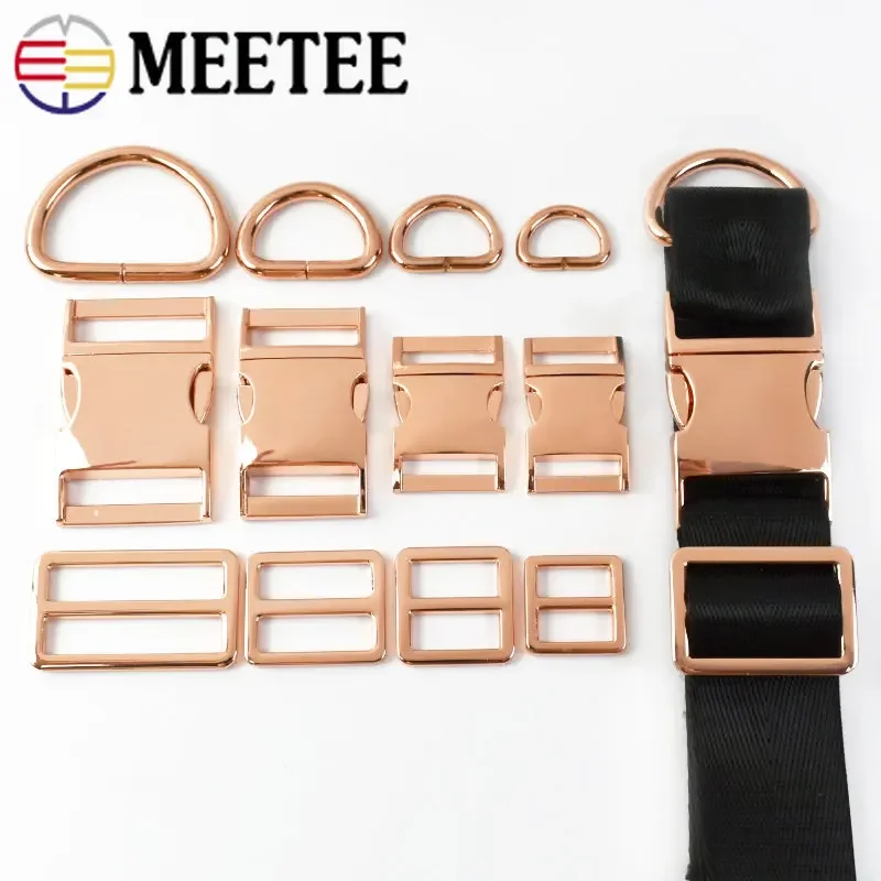 2Sets 15-38mm RoseGold Side Release Buckle D Ring Tri Glide Adjust Clasp Bag Strap Dog Collar Belt Hook DIY Hardware Accessories