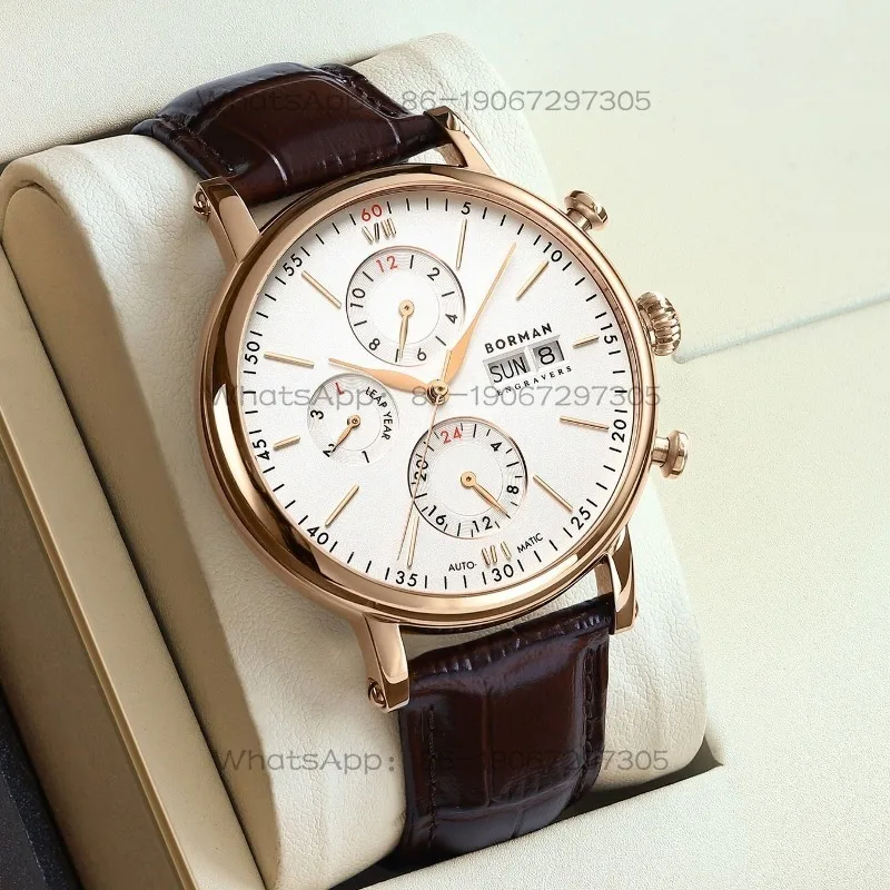 2024 New Men's Watch Waterproof Multifunctional Mechanical Watch Business Casual Leather Large Dial