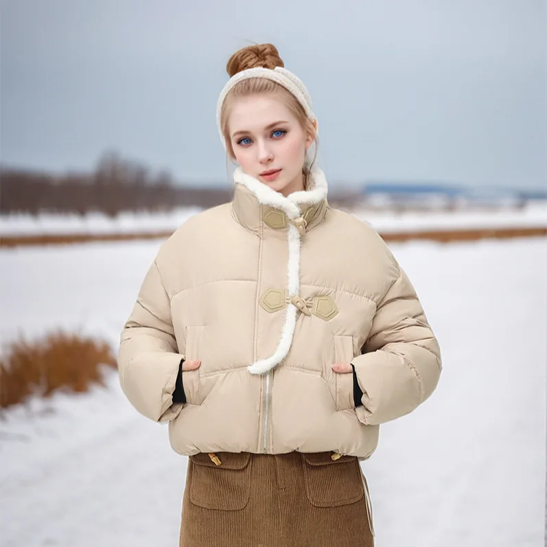 

Winter Female's Parka Jacket Solid Horn Toggle Buttons Fleece-lined Stand Collar Women's Coat Minimalsit Padded Coat For Lady