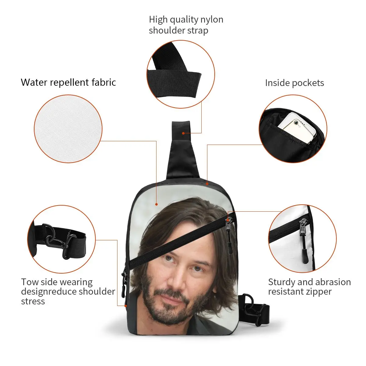 Keanu Reeves-bandolera de pecho para hombre, mochila de hombro informal para senderismo