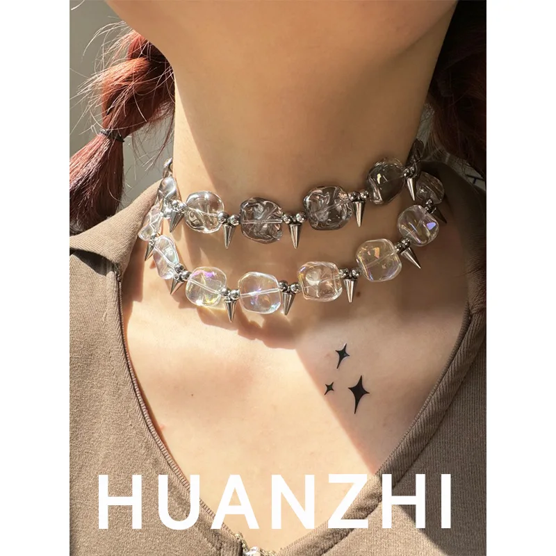 قلادة Huuzhi-مسامير مطرزة بالخرز شفافة للنساء ، Y2K ، هيب هوب ، فاسق ، شخصية ، مجوهرات لكل من النساء ، هدايا حفلات ، ربيع ، جديد ،