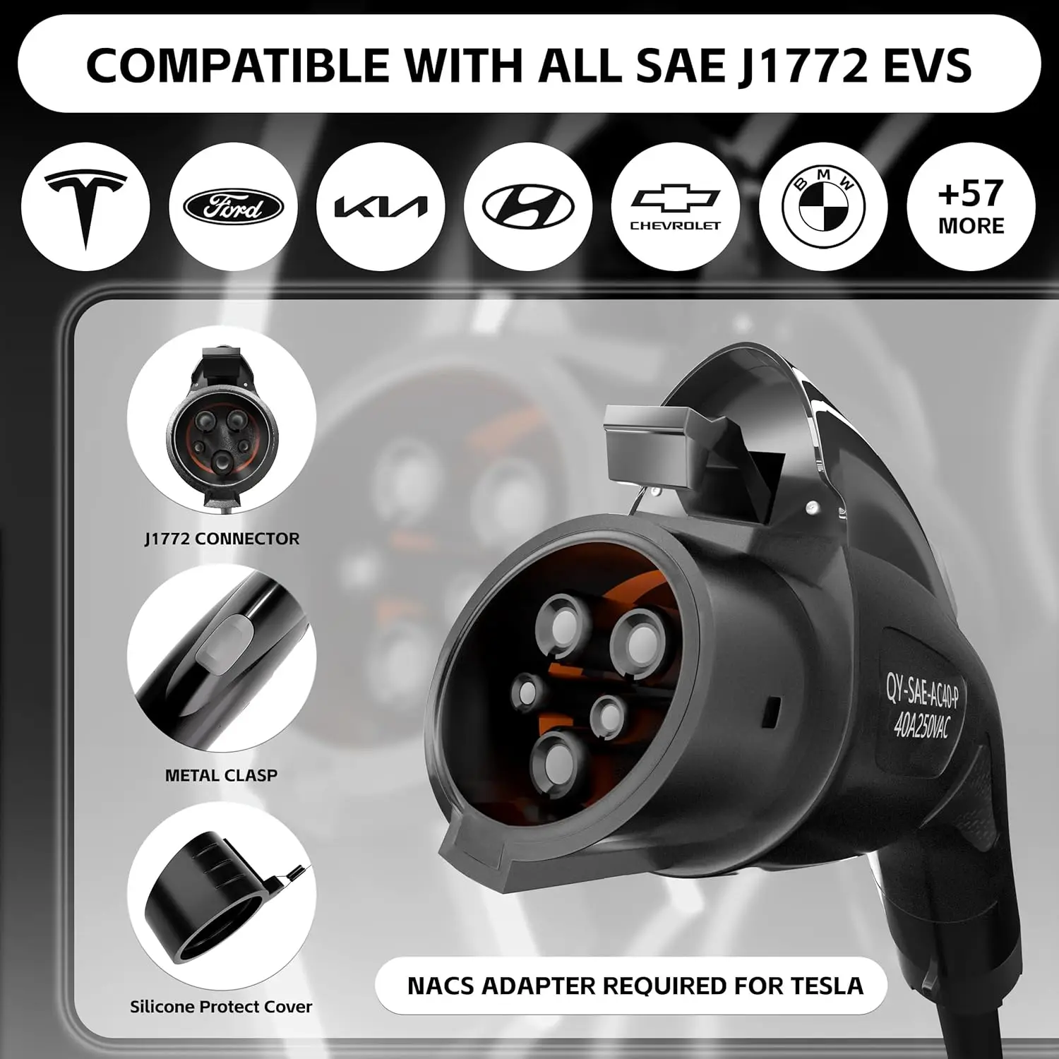 شاحن EV محمول 40 أمبير 9.6 كيلو وات، NEMA 14-50، 240 فولت J1772، كابل 25 بوصة، محطة شحن EV للمنزل الذكي #6