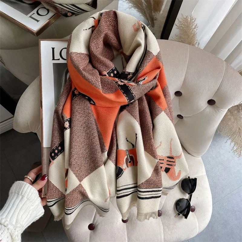 

2024 Winter Women Warm Imitation Cashmere Scarf RetroThickened National Wind Bluebird Shawl Wraps Pashmina Soft Lady Neckerchief