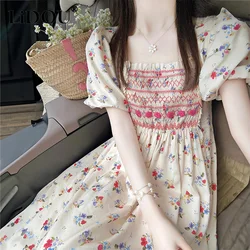 Summer Square Collar Floral Printing A-line Dress Female Folds Patchwork Puff Short Sleeve Elegant Robe Women Elegant Vestido