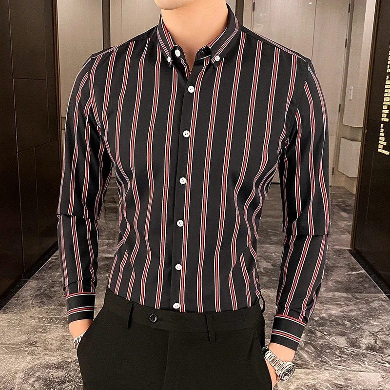 

New Korean Luxury Clothing New Long Sleeve Striped Social Shirts For Men Business Casual Formal Blouse