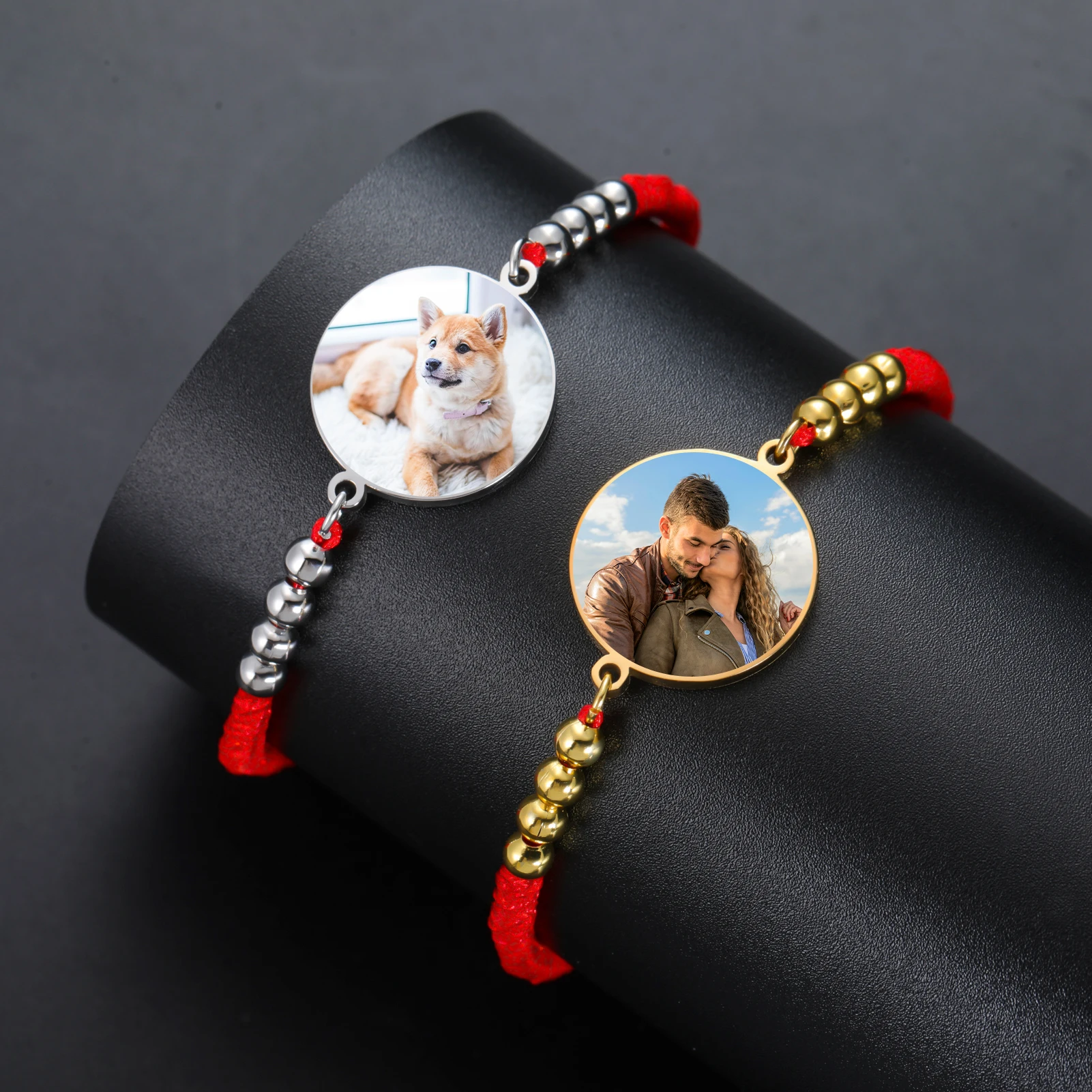 

Lemegeton Браслет с фотографией по индивидуальному заказу, красная, черная веревка, круглый кулон, ювелирные изделия из нержавеющей стали для женщин и мужчин, персонализированные трендовые подарки