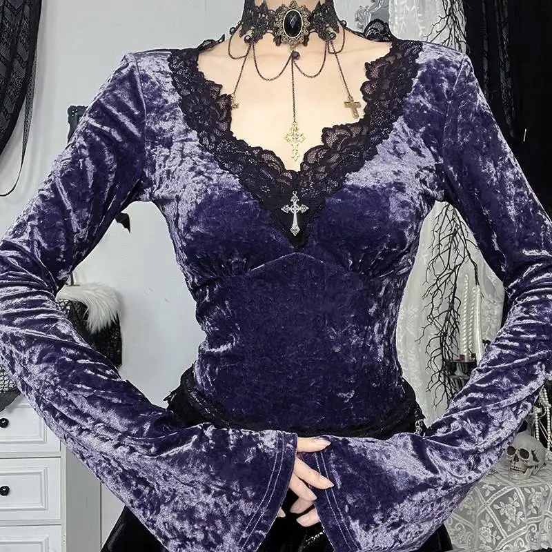 

Dark Gothic T-Shirt Bottoming Shirt Long-Sleeved Top Women Lace Patchwork Waist Slim Lazy Style