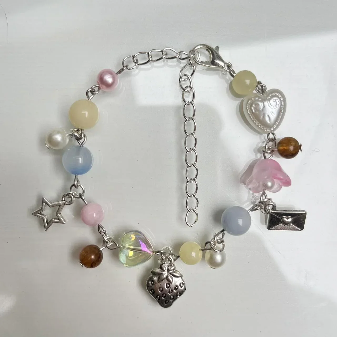 Beatopia charm bracelet,Handmade pastel pink blue and yellow charm bracelet