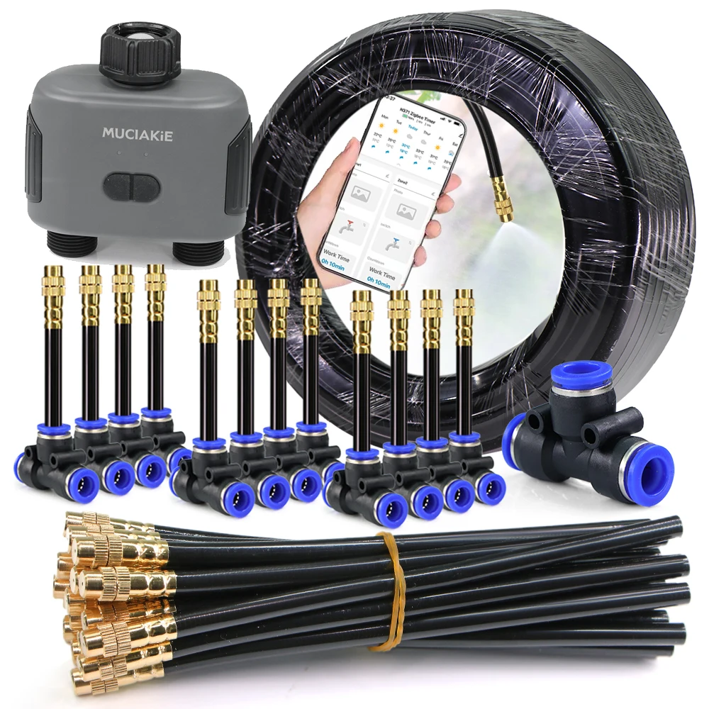 Minuterie Zigbee à 2 voies, Kit de pulvérisation à buse Flexible de 20cm, 30/50M, tuyau de 8mm, système de refroidissement par atomisation pour l'arrosage par brouillard des plantes de jardin