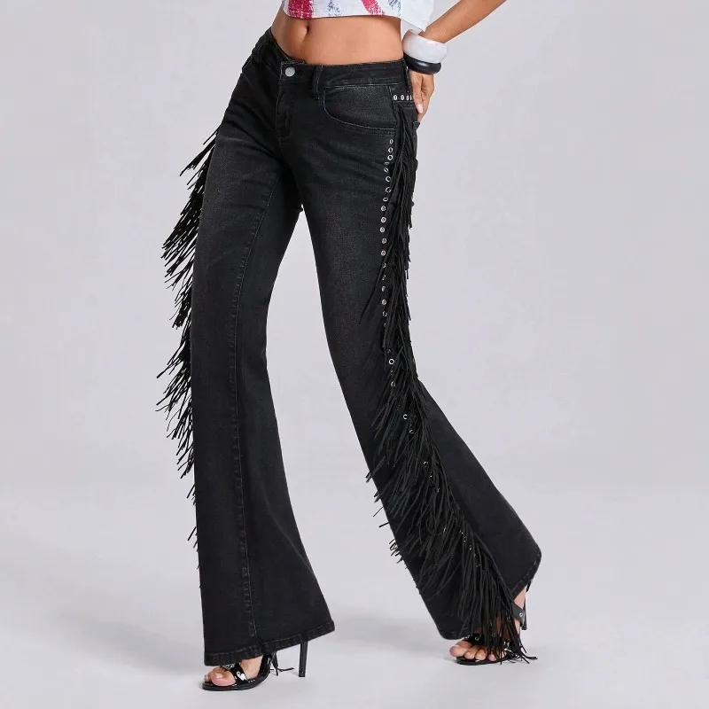 2026 Streetwear Black Side Long Tassel Openwork Jeans Women's Washed Denim Flared Trousers Spring Autumn High-waist Casual Jeans