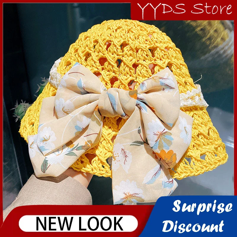 Children's Hat Vine Bow Mesh Hand-knitted Cool Hat with Floral Straps Children's Beach Hat Hat Shade Sunscreen Panama Sun Hat