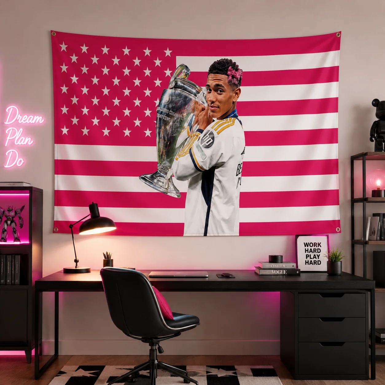 Jude Bellingham Pink American Flag Tapestry, Football Star Wall Hanging, Cool Room Stuff
