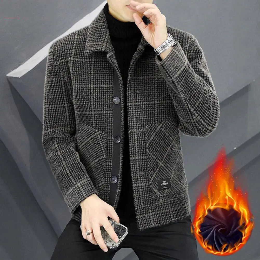 Men Autumn Jacket Plaid Print Men Cozy Fleece Jacket Plus Size 2024 Plaid Pattern Single-breasted Chic Winter Fleece Jacket