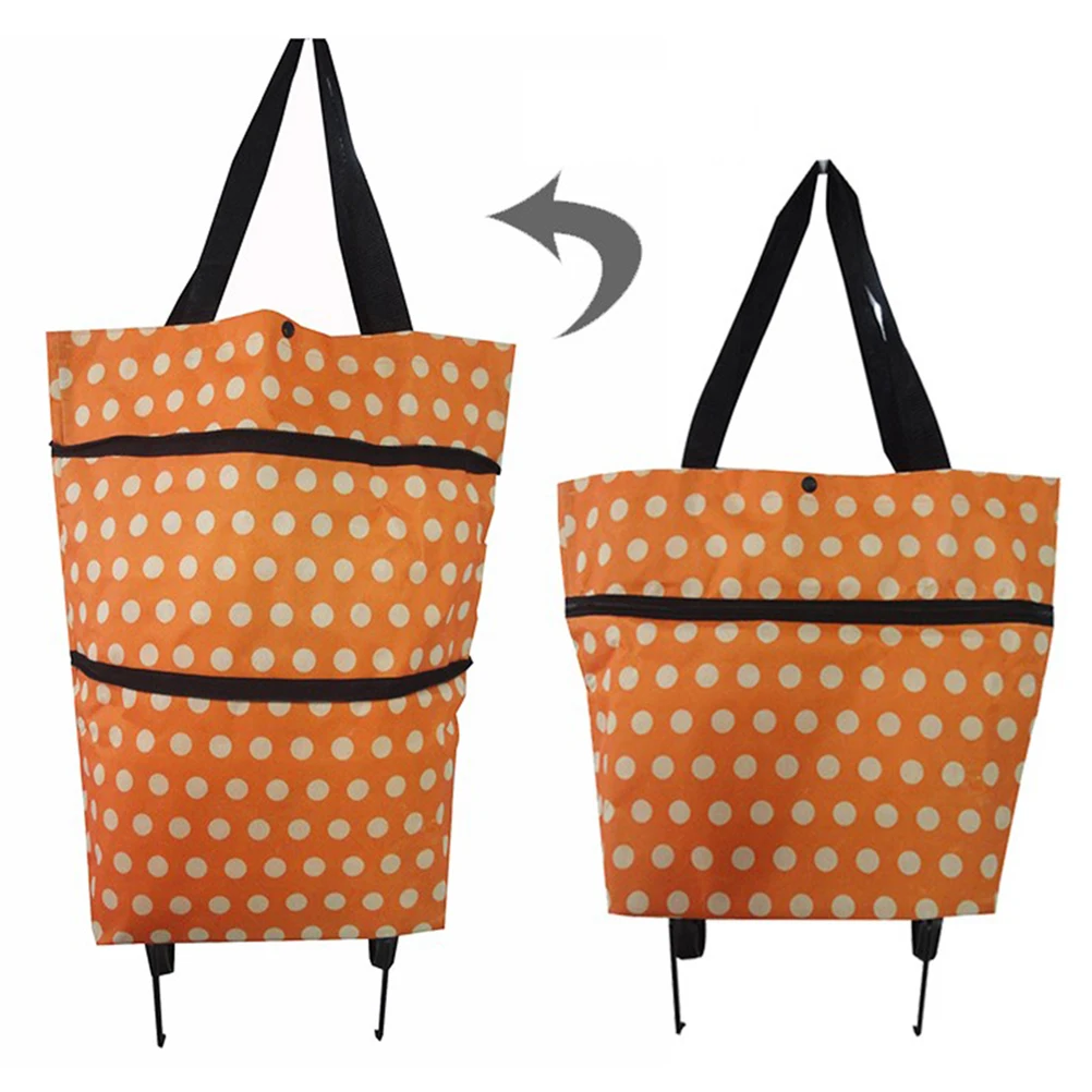 

Folding Shopping Cart Bag Wheels Orange Dot Foldable Shopping Trolley Stylish Shoulder Handbag Travel Tote
