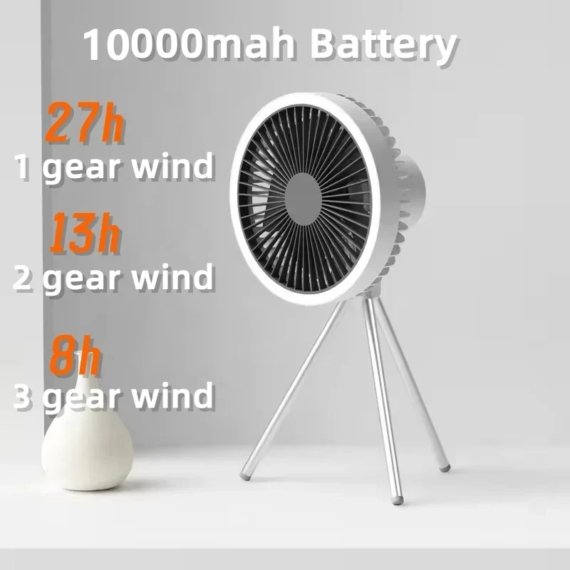 Camping Fan 10000mAh Rechargeable Desktop Portable Air Circulator Wireless Ceiling Electric Fan with Power Bank LED Light Tripod