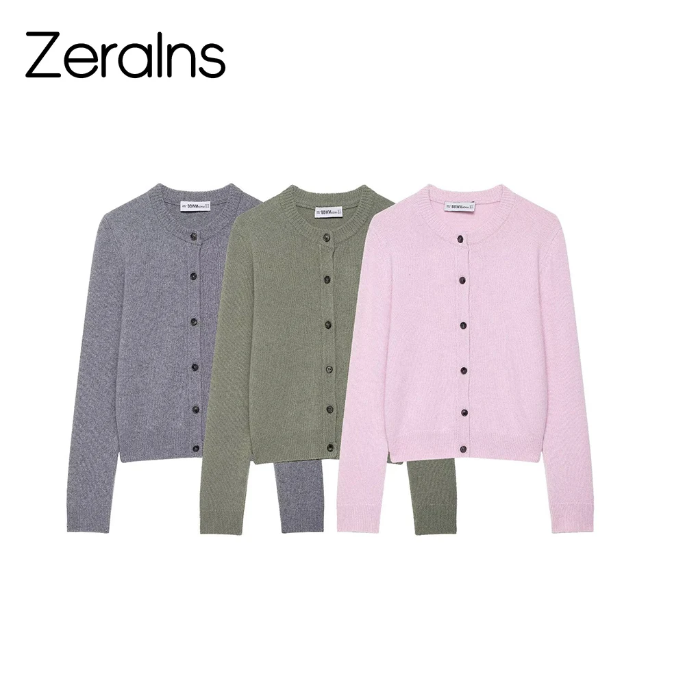 

ZERAINS Autumn women's short base sweater cardigan round neck long sleeved flat needle knitted jacket
