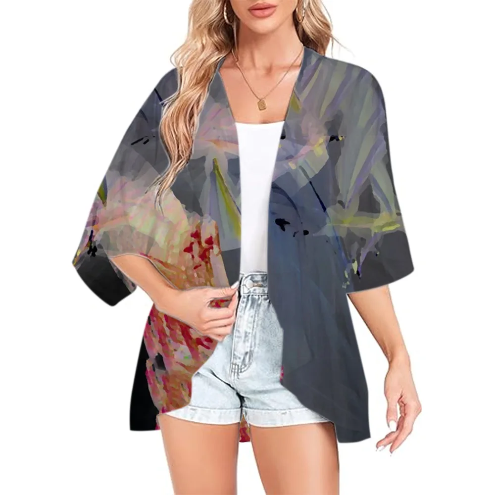 2024 Women's Cardigans Short Sleeve Cardigan Illusion Kimono Flower Pattern Lightweight Casual Cardigans Daywear Tops Beachwear