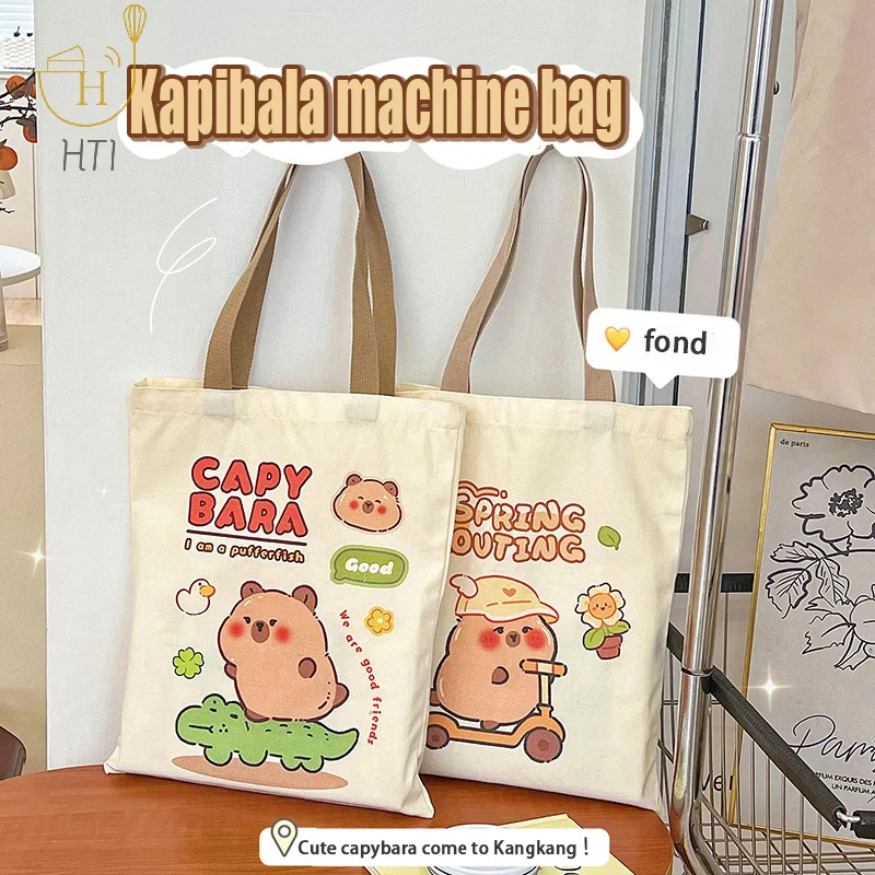 

Cute Kapibala Canvas Bag Capybara Large Capacity Shopping Bag Shoulder Tote Bags Stationery Storage Bags