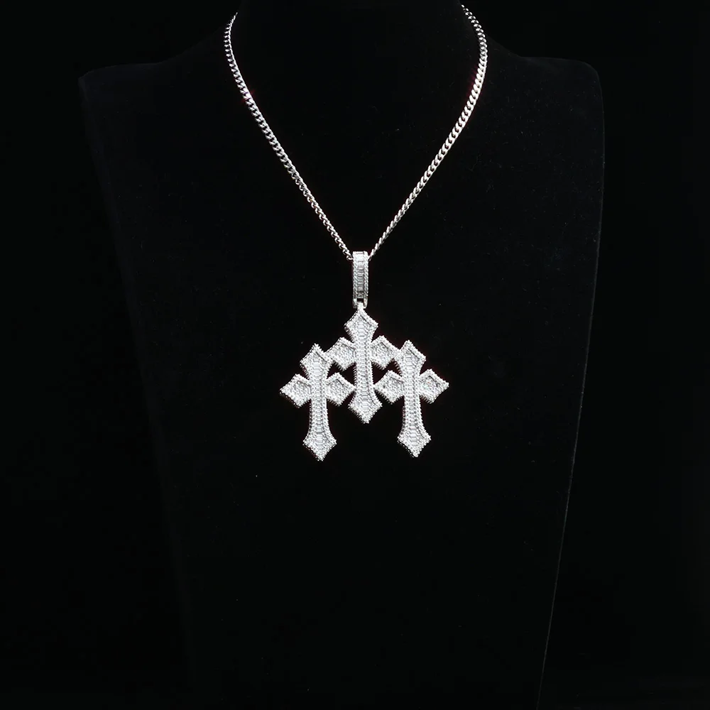 

Hip Hop Classic Vintage Full Diamond 18k gold plated Three Cross Pendant Men's Necklace Charm Jewelry Party Gift